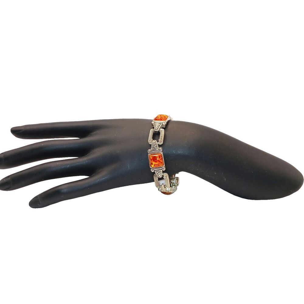 Faux Amber Link Bracelet Silver Tone Art Deco Style 7.25 inches